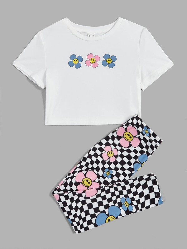 Khrim Reaper Artist Girlcore Tween Girl Cartoon Graphic Tee & Checkered Print Leggings,Clothes,For Summer, Cotton