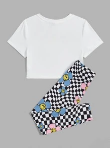 Khrim Reaper Artist Girlcore Tween Girl Cartoon Graphic Tee & Checkered Print Leggings,Clothes,For Summer, Cotton - White - View 2