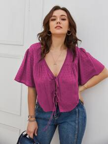 SHEIN LUNE 大碼布點點前結飾短版上衣 - 紫色 - 查看 6
