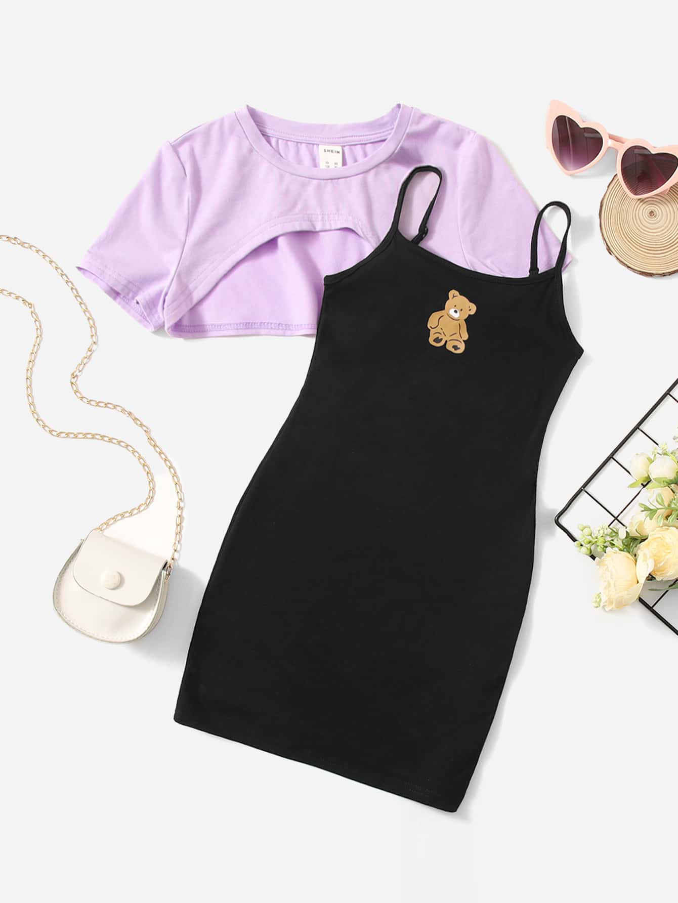 SHEIN Bộ hai mảnh Gái Hoạt hình Ăn mặc đẹp - Màu Lilac Tím - Xem 1