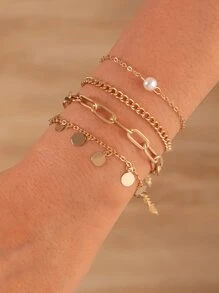 4pcs/Set Metallic Charm Bracelets, Random Shaped Pendant Quantity By Length, For Lady - Yellow Gold - View 2