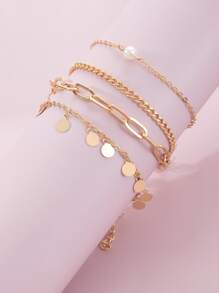 4pcs/Set Metallic Charm Bracelets, Random Shaped Pendant Quantity By Length, For Lady - Yellow Gold - View 1