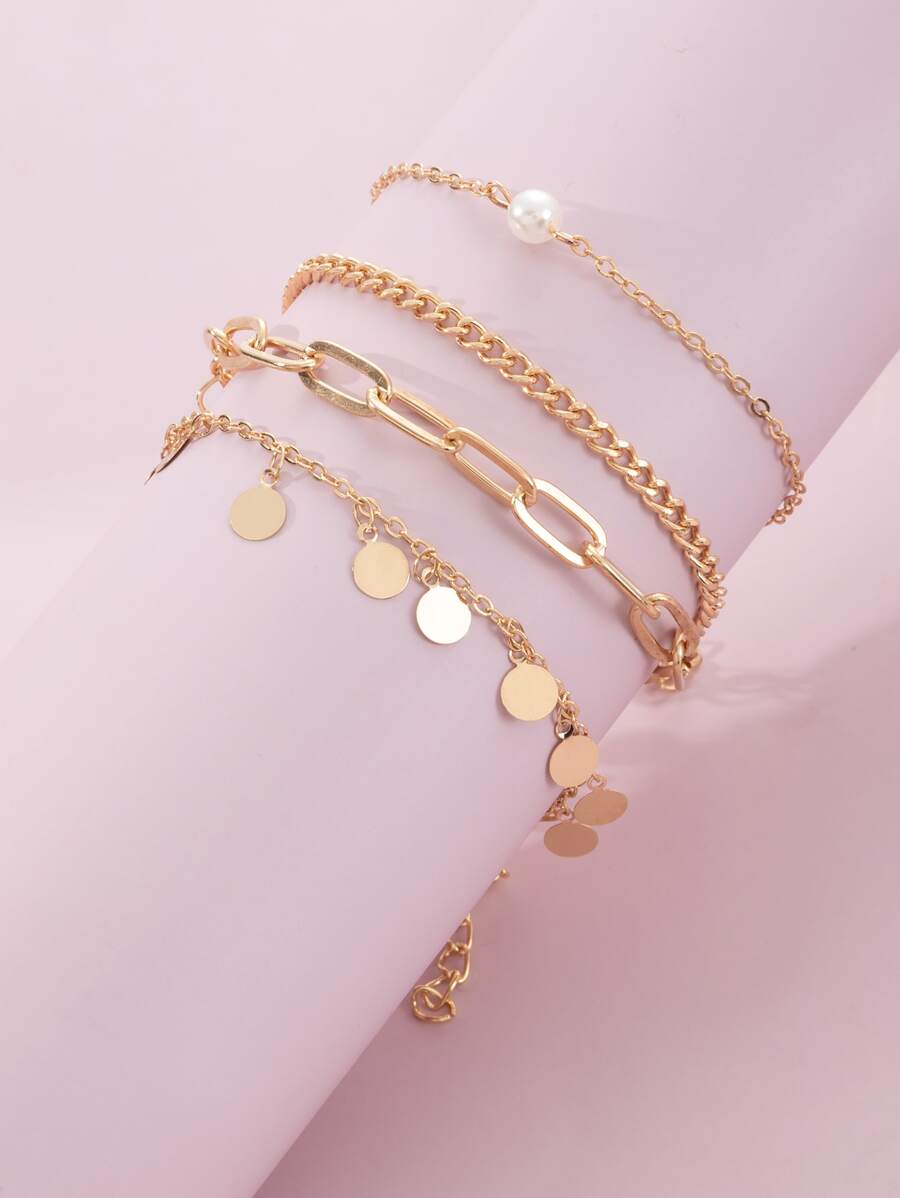 4pcs/Set Metallic Charm Bracelets, Random Shaped Pendant Quantity By Length, For Lady - Yellow Gold - View 1