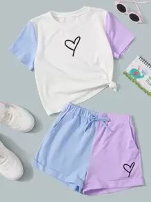 SHEIN Leap Crew Tween Girl Heart Print Colorblock Tee & Knot Front Shorts - Baby Blue - View 1