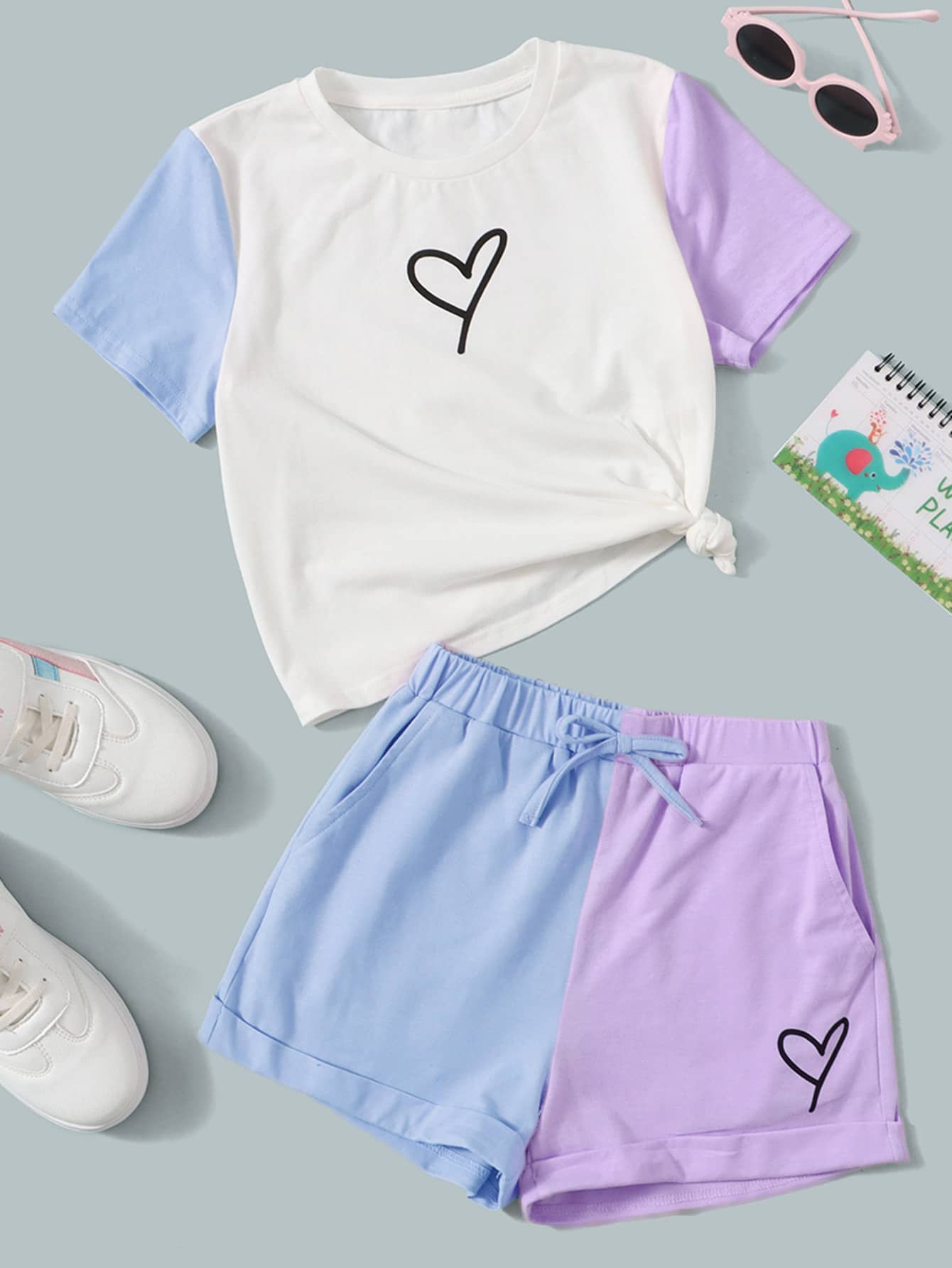 SHEIN Leap Crew Tween Girl Heart Print Colorblock Tee & Knot Front Shorts - Baby Blue - View 1