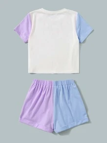 SHEIN Leap Crew Tween Girl Heart Print Colorblock Tee & Knot Front Shorts - Baby Blue - View 2