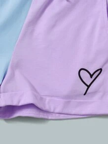 SHEIN Leap Crew Tween Girl Heart Print Colorblock Tee & Knot Front Shorts - Baby Blue - View 4