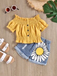 SHEIN 小女童木耳褶皺邊打褶上衣和印花短褲 - 彩色 - 查看 1