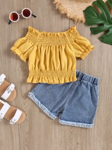 SHEIN 小女童木耳褶皺邊打褶上衣和印花短褲 - 彩色 - 查看 2