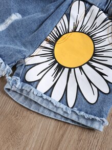 SHEIN 小女童木耳褶皺邊打褶上衣和印花短褲 - 彩色 - 查看 4