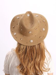 花朵裝飾草編帽 - 卡其色 - 查看 1