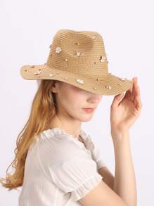 花朵裝飾草編帽 - 卡其色 - 查看 2