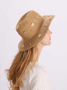 花朵裝飾草編帽 - 卡其色 - 查看 3