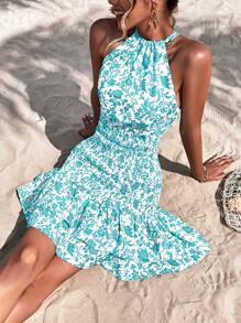 GENKIRA Floral Print Shirred Layered Hem Criss Cross Back Dress - Blue and White - View 1