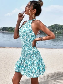 GENKIRA Floral Print Shirred Layered Hem Criss Cross Back Dress - Blue and White - View 5