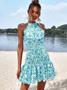 GENKIRA Floral Print Shirred Layered Hem Criss Cross Back Dress - Blue and White - View 6