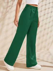 SHEIN EZwear Quần nữ Túi Dây kéo màu trơn Thanh lịch - màu xanh lá - Xem 3
