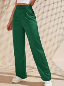 SHEIN EZwear Quần nữ Túi Dây kéo màu trơn Thanh lịch - màu xanh lá - Xem 4