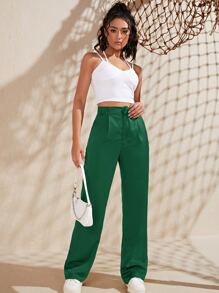 SHEIN EZwear Quần nữ Túi Dây kéo màu trơn Thanh lịch - màu xanh lá - Xem 5
