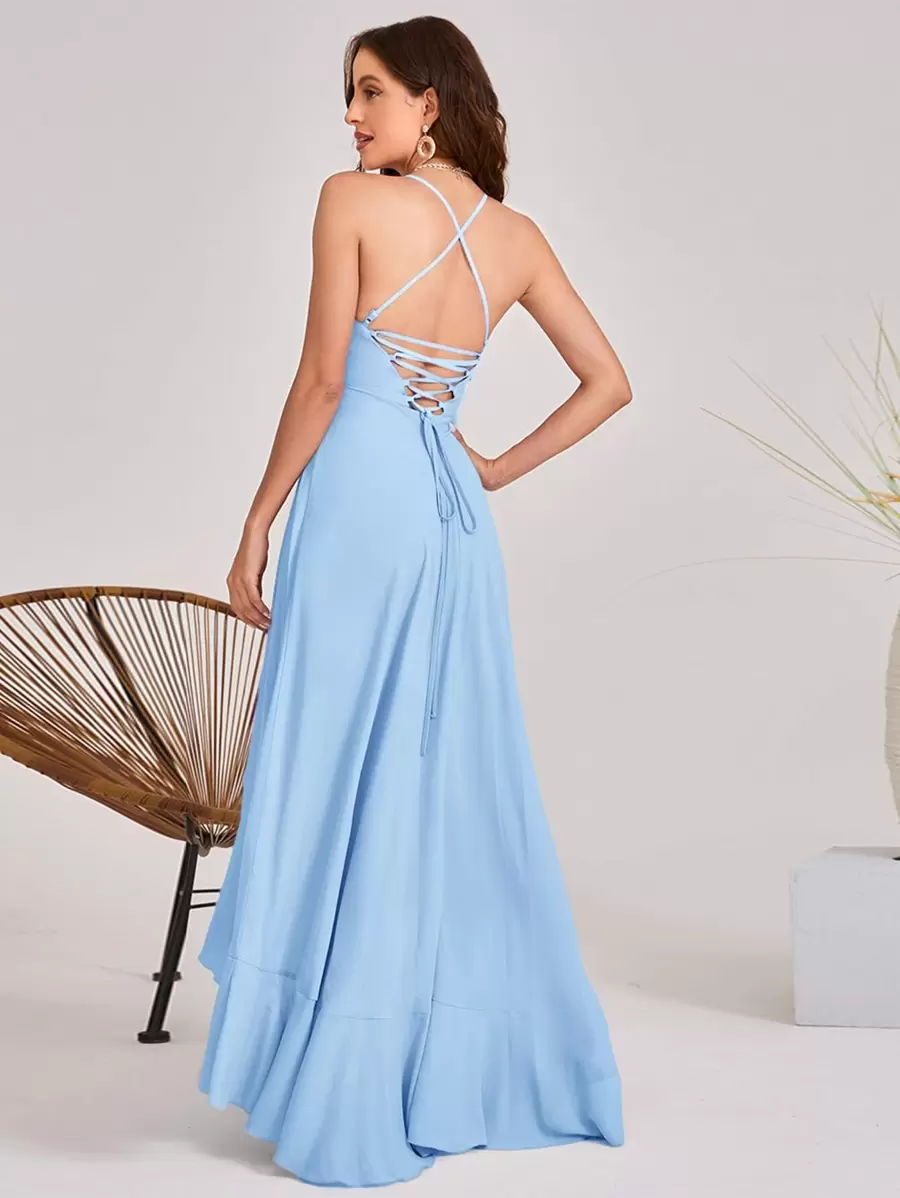 SHEIN Belle Crisscross Lace Up Back Ruffle Asymmetrical Hem Slip Bridesmaid Dress - Baby Blue - View 1