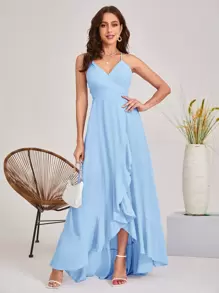 SHEIN Belle Crisscross Lace Up Back Ruffle Asymmetrical Hem Slip Bridesmaid Dress - Baby Blue - View 2
