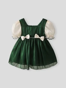 小女童雙色蝴蝶結泡泡袖連衣裙 - 墨綠色 - 查看 1
