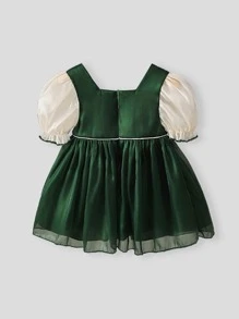 小女童雙色蝴蝶結泡泡袖連衣裙 - 墨綠色 - 查看 2