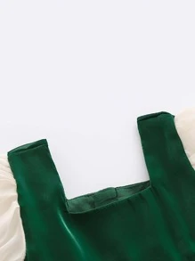 小女童雙色蝴蝶結泡泡袖連衣裙 - 墨綠色 - 查看 3