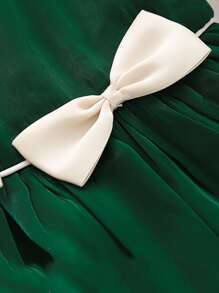 小女童雙色蝴蝶結泡泡袖連衣裙 - 墨綠色 - 查看 6