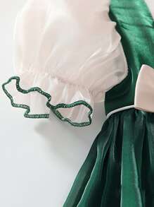 小女童雙色蝴蝶結泡泡袖連衣裙 - 墨綠色 - 查看 7