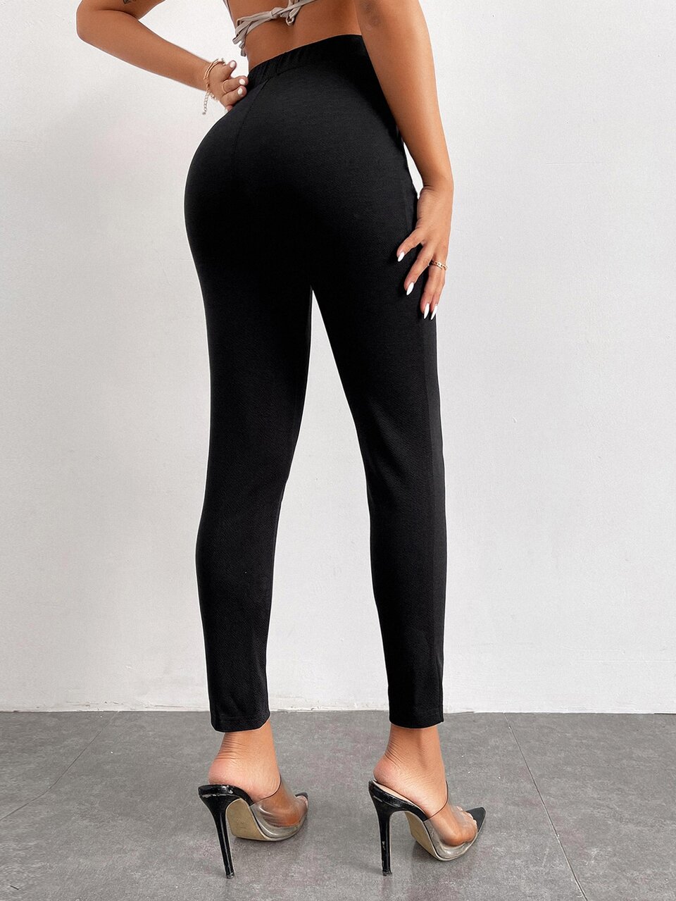 Solid Plicated Detail Skinny Black Pants ,Petite Women
