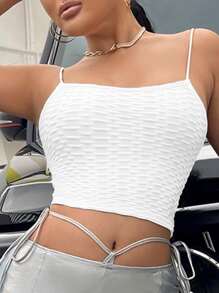 SHEIN SXY 素色紋理質感吊帶短上衣 - 白色 - 查看 4