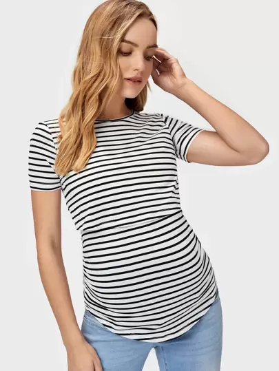 SHEIN Maternity Striped Curved Hem Nursing Tee