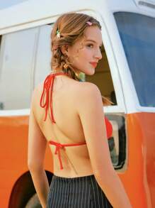 ROMWE 素色褶邊後綁帶短款上衣 - 紅色 - 查看 2