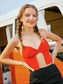 ROMWE 素色褶邊後綁帶短款上衣 - 紅色 - 查看 5