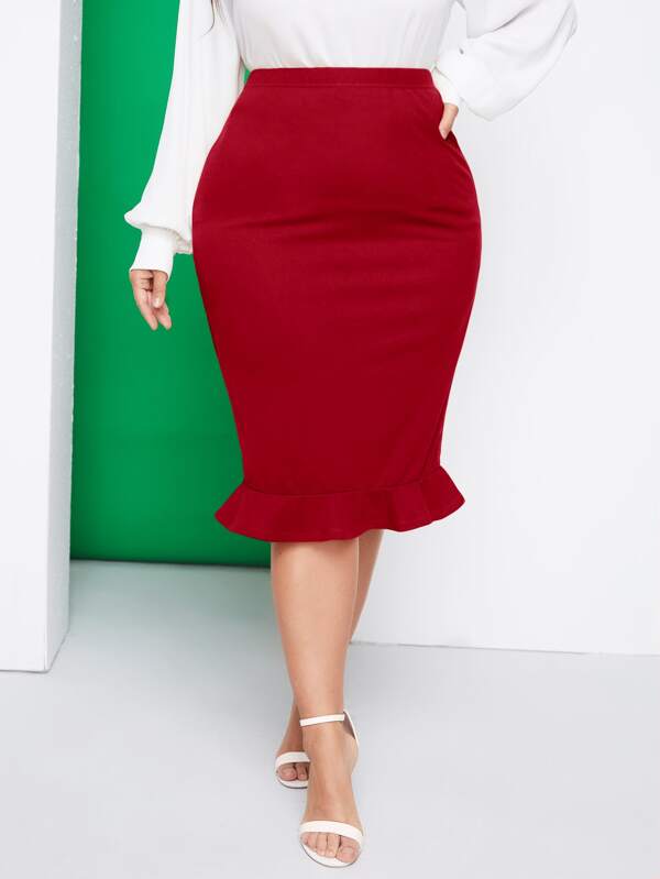 SHEIN Privé Plus Ruffle Hem Pencil Skirt