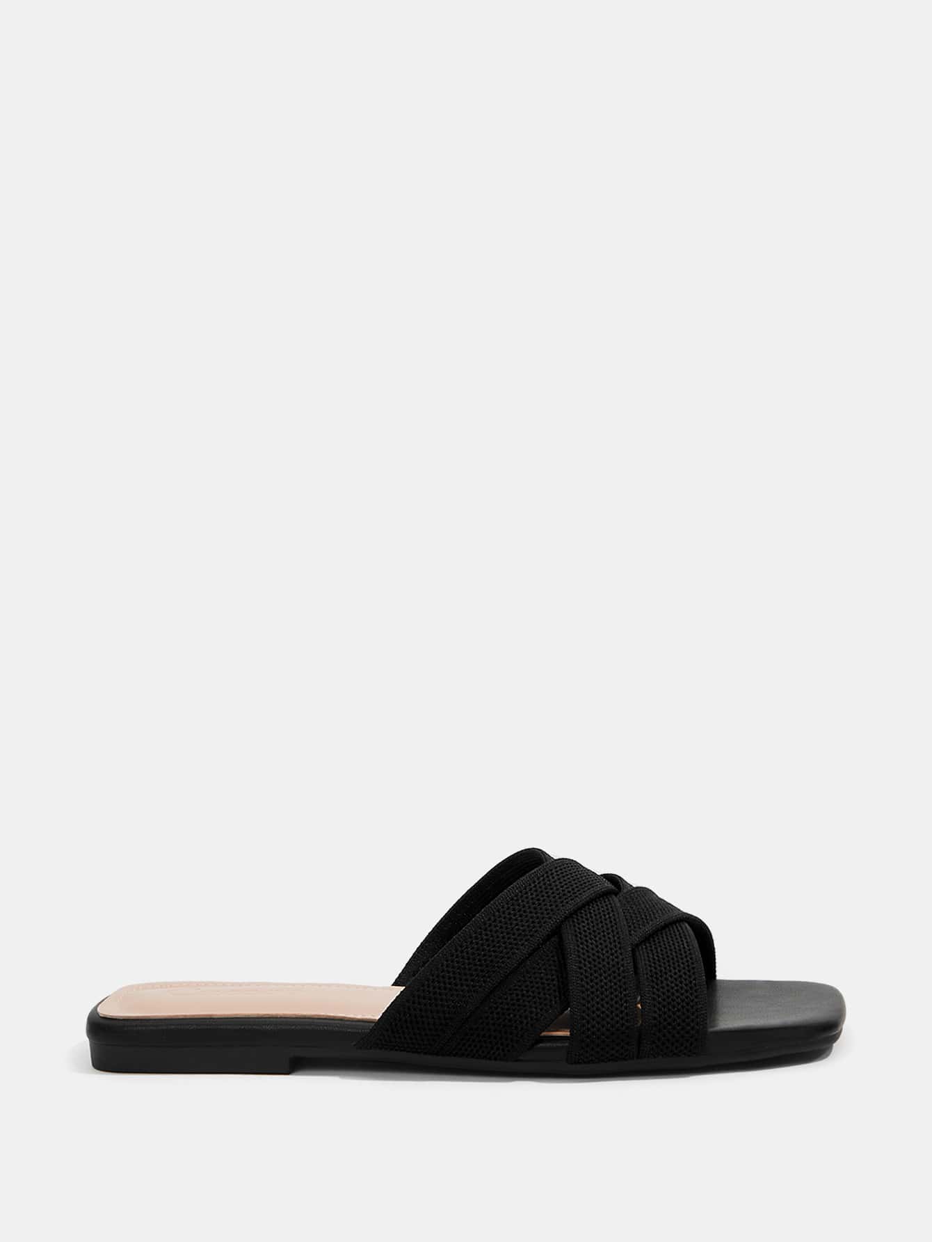 CUCCOO BASICS Woman Shoes Square Toe Black Flat Criss Cross Strap Slide Sandals For Spring And Summer Vacation Shoes Summer Back To School Shoes College Student Shoes Spring Shoes Spring Break Easter For Christmas Spring Shoes Summer Shoes
