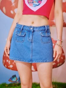 ROMWE Solid Double Pocket Denim Shorts Without Belt - Blue - View 3