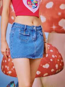 ROMWE Solid Double Pocket Denim Shorts Without Belt - Blue - View 4