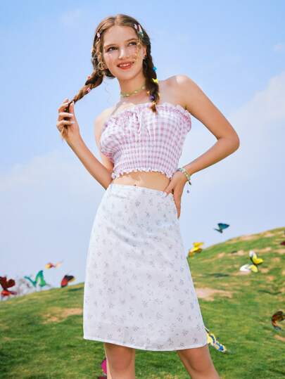 Top tubo a quadri arricciato & floreale Gonne