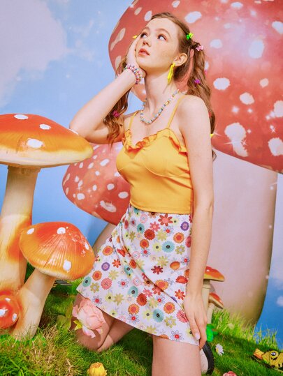 Frill Cami Top & Floral Print Skirt
