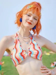 ROMWE 波浪條紋繞頸短上衣 - 彩色 - 查看 3