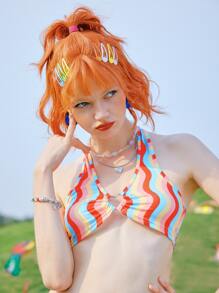 ROMWE 波浪條紋繞頸短上衣 - 彩色 - 查看 5