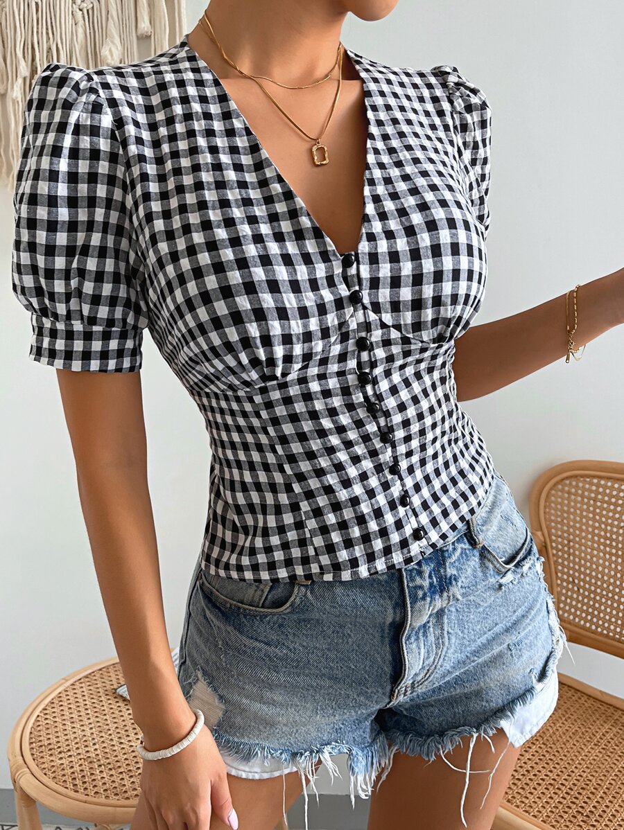 Chiquease Gingham Button Through Puff Sleeve Bustier Blouse - Black and White - View 1