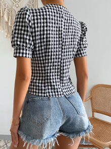Chiquease Gingham Button Through Puff Sleeve Bustier Blouse - Black and White - View 2