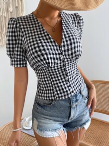 Chiquease Gingham Button Through Puff Sleeve Bustier Blouse - Black and White - View 4