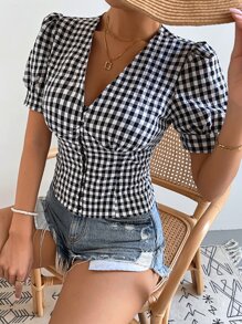 Chiquease Gingham Button Through Puff Sleeve Bustier Blouse - Black and White - View 6