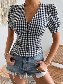 Chiquease Gingham Button Through Puff Sleeve Bustier Blouse - Black and White - View 7