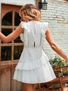 GENKIRA Layered Ruffle Trim Lace Insert Dress - White - View 2