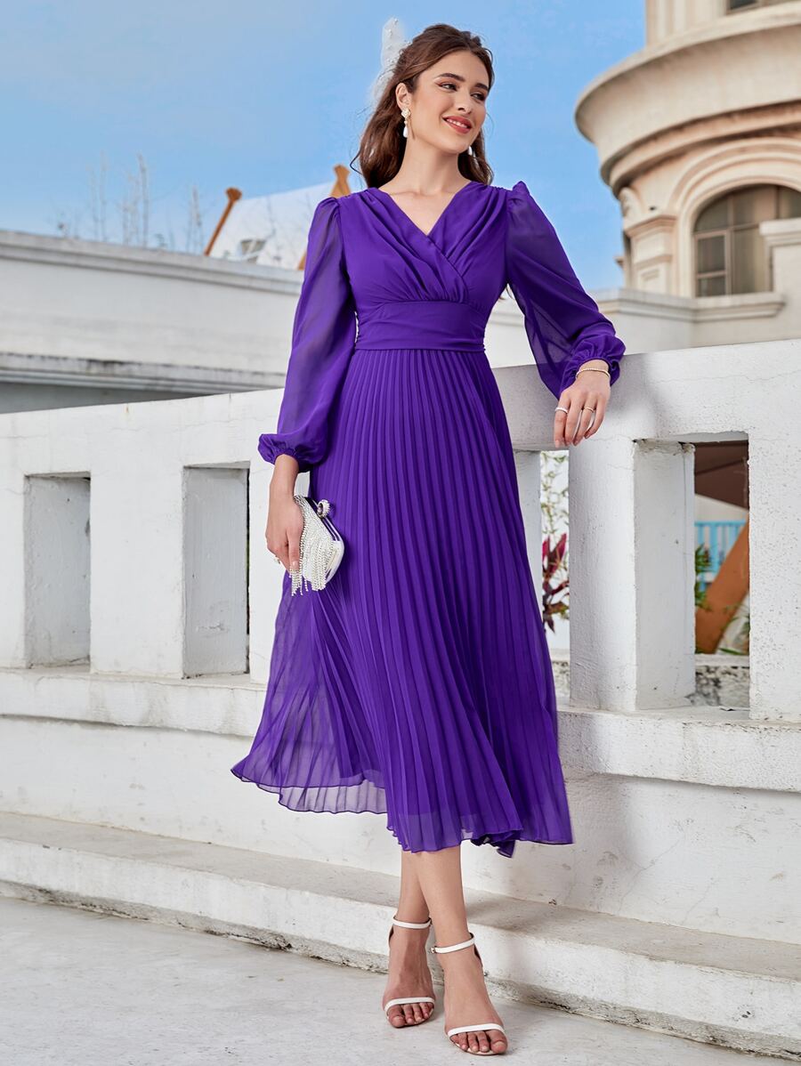 Pleated Long Sleeve Surplice Maxi Dress